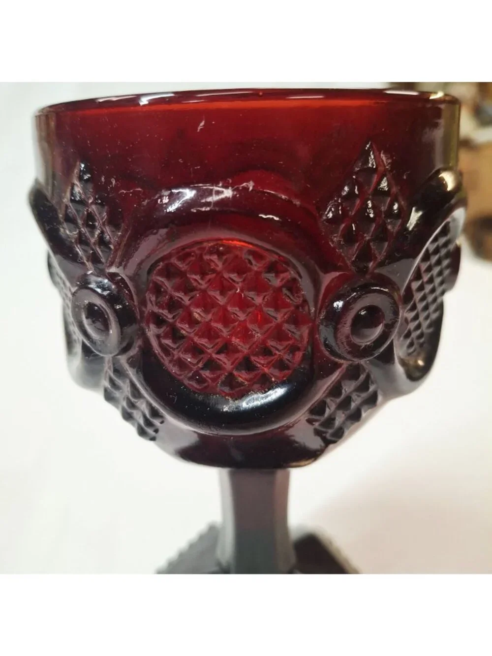 Vintage Avon Ruby Red Glass Goblet With Diamond & Circle Pattern 6 Oz Capacity 6
